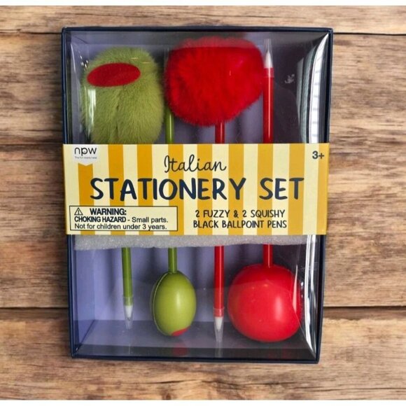 New Italian Stationery Set 2 Olive & 2 Tomato Black Ballpoint Pens Fuzzy Squishy - Picture 1 of 4